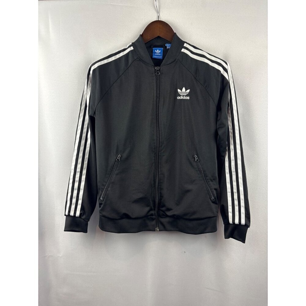 Women’s Adidas Medium Black Windbreaker w/ White Stripes & Logo on Back